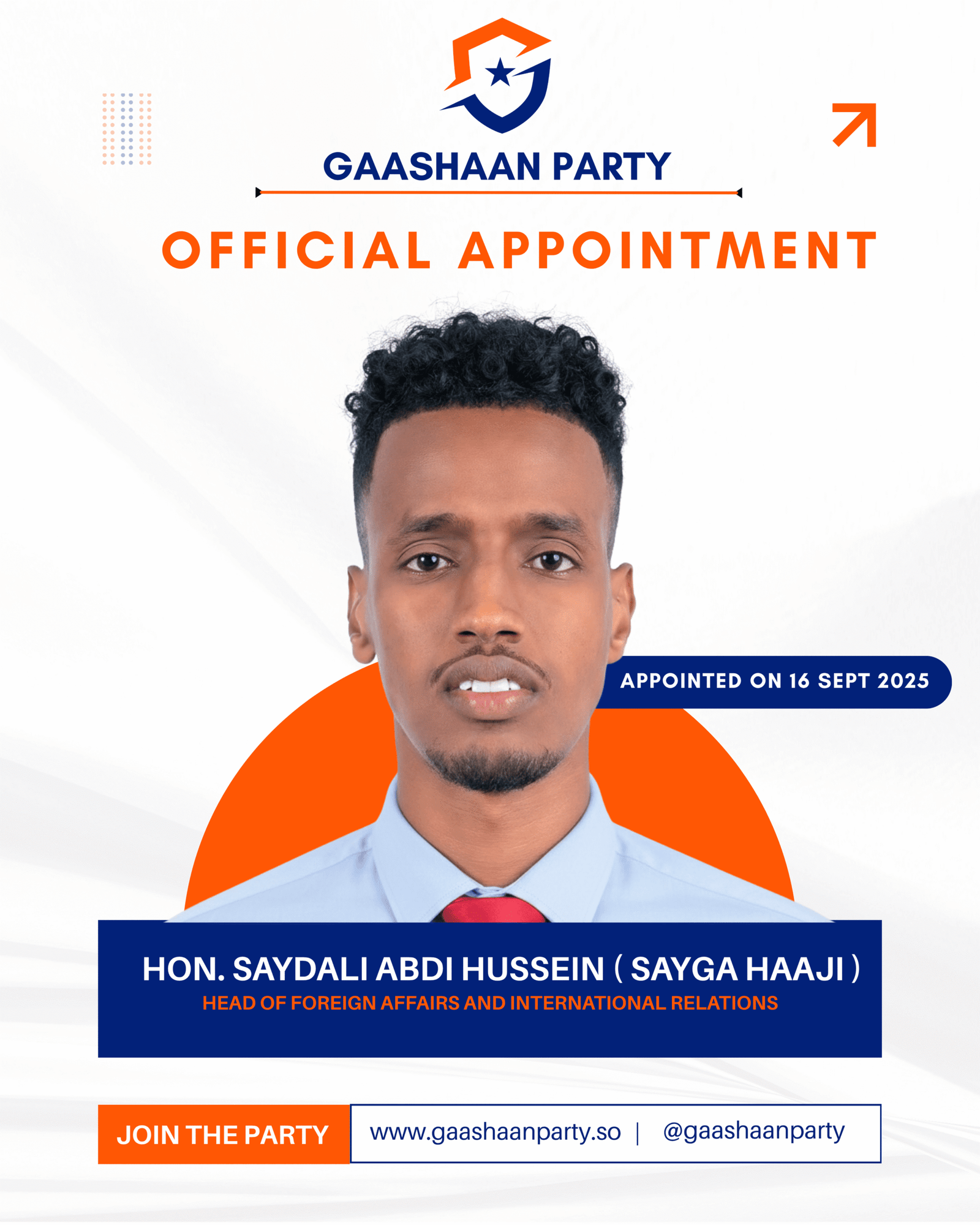 Gaashaan Party Appoints Saydali Abdi Hussein (Sayga Haaji) as Head of Foreign Affairs and International Relations – Major Structural Step in External Engagement